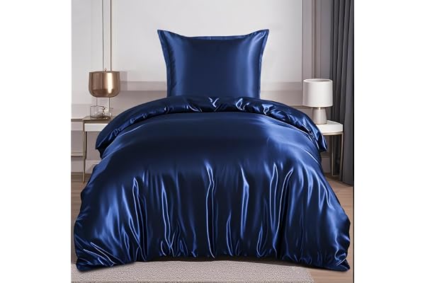 RUIKASI Satin-like bed linen, 135 x 200 cm, dark blue, silky duvet cover with a silk-like sheen, bed linen set dark blue, for