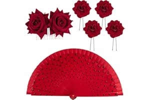 BOFUNX Abanico Español+Peineta Flamenca+4pcs Clips de Pelo de Flor Horquillas con Rosas Tocado Pinza para Cabello Accesorios para Bailarina de Flamenco Novia Mujer Niña para Fiestas Sevillana Boda