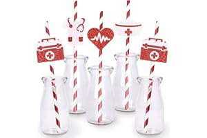 JOYMEMO Lot de 24 pailles de fête d'infirmière – Décorations de fête d'infirmière, remise de diplôme, décoration d'allaitement, décoration médicale RN – Paille en papier à rayures pour BSN LPN