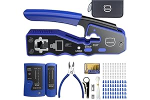 MIAOKE 11-in-1 Crimping Tool Kit, RJ45 Pass-Thru Crimping, 50 CAT6 Pass-Thru Connectors, 50 Cat6 RJ45 Protective Covers, Professional Network Repair Tools with Wire Stripper, Tester
