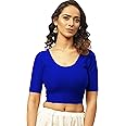 Fressia Fabrics Round Neck Pure Cotton Dobby Stretchable Elbow Sleeve Readymade Saree Blouse for Women Stylish