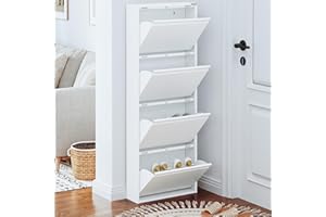 ‎VEEHAUS VEEHAUS Schuhregal Schmal Metall Schuhschrank Hoch Schuhkipper mit Magnetische Abdeckung Metall Montiert Schuhschrank Schmal und Wandmontage (Weiß, 4 Klappen)