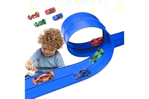 Yozexin Car Track 5m Includes 4 Cars：Flexible Race Track Speed Track Compatible with Hot Wheels Track, Portable Dual Racetrack with Jumps Loops Ramps for the Cars, Suitable for Ages 3+, Blue