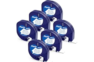WONFOUCS 6X 91201 Plastic Letratag Tape Compatible with Dymo Label Tape 12mm x 4m, for Dymo Letratag Refills Black on White Compatible with Dymo Label Printer Letra Tag LT-100h LT-100T LT-110T QX50 XR 2000