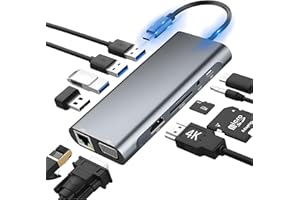 AZUXREZA Hub USB C 11 en 1 estación de Acoplamiento USB C, Adaptador USB C a HDMI con HDMI 4K, RJ45 Ethernet, VGA, Puerto USB, 100 W PD, Auxiliar, XPS, Surface y más portátiles Tipo C