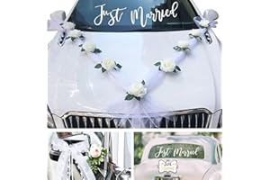 CHEXIN Kit de décoration de voiture de mariage blanc,Guirlande de mariage,Décoration de voiture,Décoration florale de voiture,Décoration de mariage,avec9 roses,2 gaze blanche,6 Nœuds,Autocollant Just Married