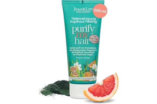 Jean & Len Gommage Cuir Chevelu Pamplemousse Rose & Spiruline, avec vinaigre de pomme & niacinamides, exfoliation douce anti-résidus, protège de la casse, sans silicones ni parabènes, vegan, 200 ml