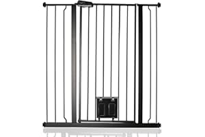 Bettacare Barrière pour Chien avec Chatière Verrouillable, 94.3cm - 101.9cm, Noir, Hauteur de 104cm, Barrière de Sécurité pour Animaux Extra Haute avec Chatière pour Chat