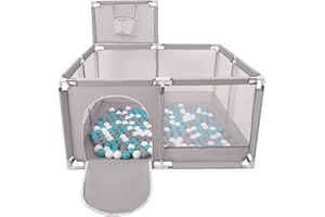 Selonis Parque De Juegos Con Canasta Y 200 Bolas Para Niños, Gris:Gris/Blanco/Turquesa