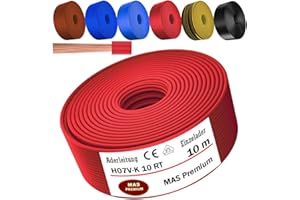 MAS Premium Câble conducteur H07 V-K 10 mm² de 5 à 100 m - Noir, marron, bleu foncé, jaune vert, bleu clair ou rouge - Fil simple flexible (rouge, 10 m)