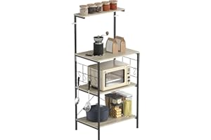 HOMCOM Étagère de Cuisine, Support pour Micro-Ondes, étagère de Rangement, avec Panneau grillagé, 8 Crochets, Station de Bar à café pour épices, casseroles et poêles, 60 x 42 x 134,5 cm, chêne