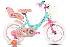 STITCH Einhorn 12/14/16 Zoll Kinderfahrrad für 2-7 Jahre Mädchen, 12/14/16 Zoll Kinderfahrrad mit Puppenfahrradsitz & Stützrädern& Korbstreamer, Grün&Rosa&lila