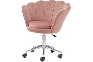 Baroni Home Poltrona Imbottita con Schienale a Conchiglia in Velluto Rosa Cipria con Ruote Argento, Sedia con Ruote da Scrivania, Altezza Regolabile, Super Confortevole 69x71x84 cm