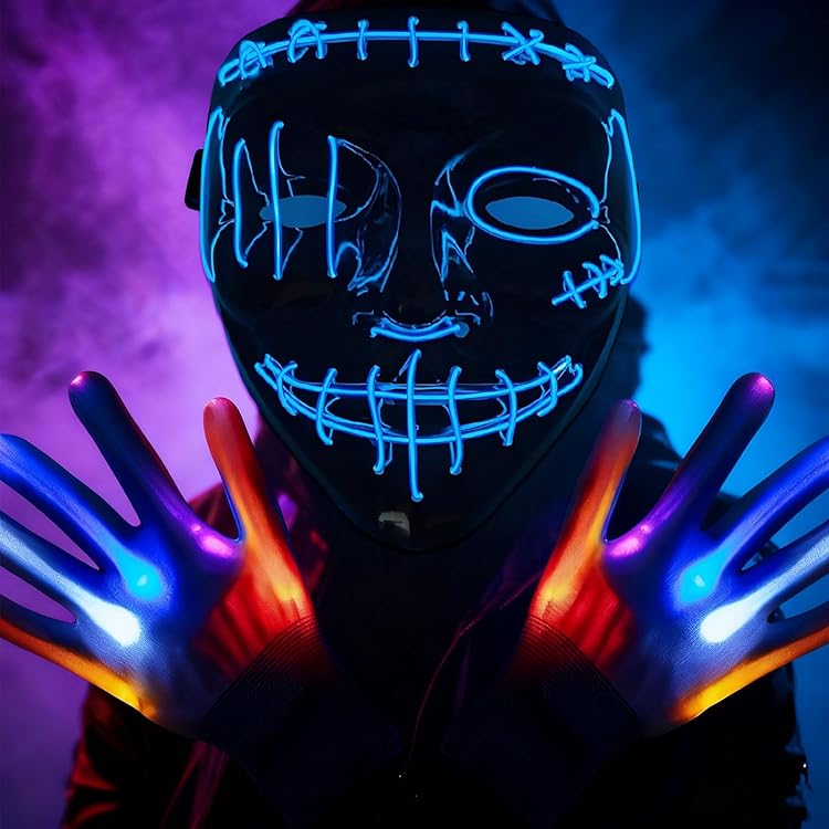 Masque LED Halloween + Gants Lumineux - 3 Modes Lumière Masque, 6 Modes Gants - Pour Fête, Carnaval, Cosplay