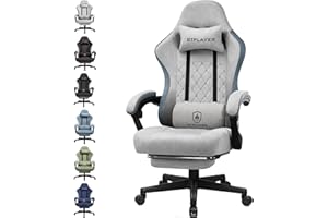 GTPLAYER Sedia da gaming, ergonomica, da scrivania, con superficie in tessuto, cuscino a molla, braccioli di collegamento e poggiapiedi, Grigio