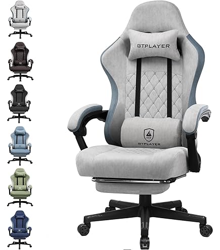 Dowinx Gamingstoel met verwarmde lendensteun, stoffen gamingstoel met pocketveringkussen en voetensteun, gamingstoel, high back pc-stoel voor volwassenen, blauw