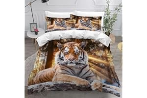 ZLKEJI Tiger Bed Linen Set 135 x 200 cm Jungle Animals Duvet Cover Funny Animal 3D Printed Beds for Children Boys Girls Theme Room Decor Cuddly