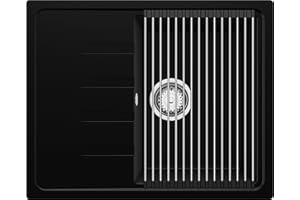 PRIMAGRAN Evier Cuisine en Granit Noir 62x50cm, Lavabo 1 bac + Kit de Vidage + Égouttoir Enroulable, Évier à Encastrer al mueble 40cm - Milan S067