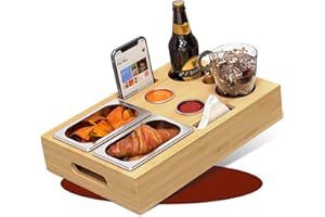 Yeabett Couchbar Snackbox mit 2+2 Edelstahlschalen & Gewürzschalen, snackbar Couch mit Abnehmbarer Magnetdeckel für Sofa, Bett, Camping(Bambus & Edelstahl),Bambus