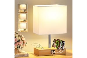 PreeOtti Bedside Lamps, Wooden Table Lamp for Living Room with USB A+C Charging Ports, Dimmable Touch Lamps Bedside with 2 Phone Slots, Wood Charger Organizer for Bedroom, Study, Office(Bulb Included)