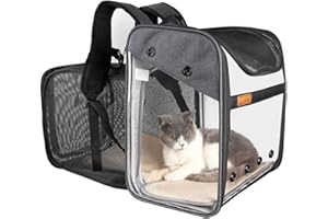 KIEPOAR Sac de Transport Chat Petit Chien 10kg, Sac à Dos Extensible Transparent pour Animaux, Pliable Spacieux Respirant avec Matelas en Peluche, Grand Transporteur pour Voyage on Train Voiture Avion (Gris)