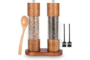 HUIFOO Młynek do soli i pieprzu, zestaw 2 szt., młynek do przypraw z ceramicznym mechanizmem, solniczka i pieprzniczka z podstawką, Peugeot regulowany do przypraw