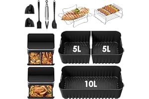EXSIVEMY Moule Silicone Air Fryer Accessoires pour COSORI Dual Zone 10L Twinfry Airfryer- 1x10L + 2x5L Réutilisable Silicone Réutilisable Plat, Grille Racks, Paniers à Friture, Grille de Grille (Cosori 10l)