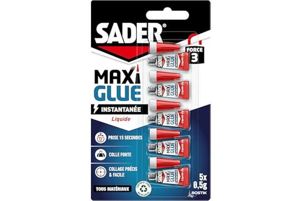 Sader Maxiglue Liquide – Super Glue Universelle – Tous Matériaux – Colle de Réparation à Prise Rapide – Colle Extra Forte –Transparente – 5 Tubes de 0,5 g
