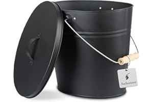 ReWu Stahleimer Ascheeimer Mehrzweckeimer oval mit Deckel für heiße Glut und Asche - Größe 15 l - Kohleeimer Kamineimer in matt schwarz