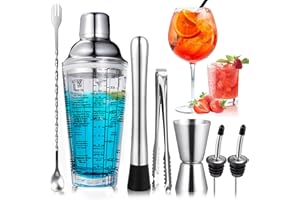 PIWOSGOL Cocktail Shaker Set, 400 ml Glas Edelstahl Cocktailshaker, Barkeeper Set mit Shaker, Messbecher, Löffel, Stößel, Ausgießer, Eiszange, Professional Cocktail Mix Set für Zuhause, Bar, Party