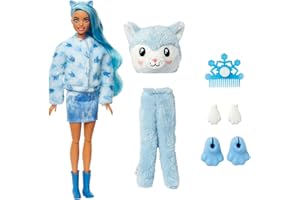 Barbie - Cutie Reveal Magia d'Inverno Bambola con costume da husky di peluche e 10 sorprese, un mini animaletto cambia colore, vestiti e accessori, Giocattolo e regalo per Bambini 3+ Anni, HJL63