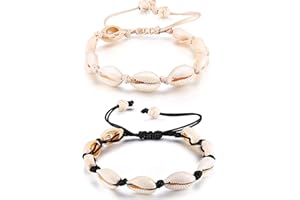 SIGANORPY Kuesn 2 Pieces Adjustable Shell Bracelets Anklets Set Natural Cowrie Shell Beads Puka Seashells Ankle Jewelry for Men Women (White+Black)