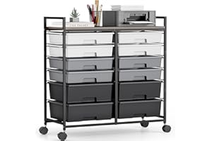 SYKIARIOL 12-Drawer-Plastic-Rolling-Storage-Utility-Craft-Organizer-Trolley-Cart on Wheels with Wooden Tabletop for Home, Office, Classroom, Makeup, Gray
