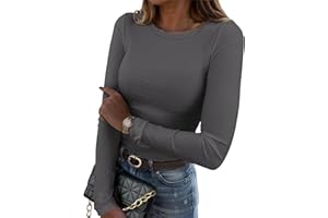 Zeagoo Camiseta Manga Larga Mujer T Shirt de Punto Acanalado Camisas Elegantes con Cuello Redondo Camisetas Ajustada Elástico Jersey para Otoño e Invierno XS-XXL
