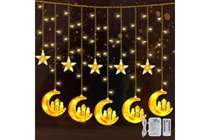 Halcyerdu LED Ramadan Lichterkette, 3m 105 LED Led Ramadan Licht Stern Mond Lichterkette, Ramadan Deko Lichtervorhang, 8 Modi&Batteriebetriebene, Ramadan Licht für Ramadan Dekoration