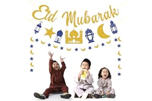 EPICSOA Eid Mubarak Banner Eid Decorations Eid Mubarak Decorations Ramadan Decoration Ramadan Banner, Moon Stars Garland Gold Blue Glitter Banner for Eid Festival Party Supplies