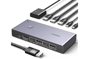 UGREEN Displayport KVM Switch 8K@60Hz, DP 1.4 mit 4 USB 3.0 Ports Unterstützt 8K@60Hz 4K@240Hz Share 1 Monitor Tastatur Maus U-Disk Drucker, mit 2 DP Kabeln, 2 USB A zu C Kabeln