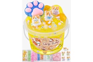 OKAYBEE Corgi Yellow Clear Slime Kit, Seau à Slime avec 9 Paquets d'additifs pour Slime, Slime pour Enfants, Jouets sensoriels croustillants, Cadeau d'halloween pour Filles et garçons