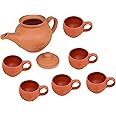 KSI Handcrafted Mitti Clay Tea Kettle with Lid and Tea Cup Coffee Cup Set Handmade Earthen Clay Kulhad Kullar Chai ke Cup Pack of 6, Kettle 750 ml, Cups 115 ml Each