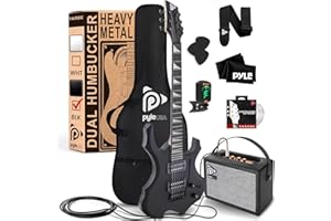 Pyle E Gitarre – Electric Guitar Set – E Gitarre Set mit Elektrische Gitarre, E-Gitarre Verstärker, Gitarren Tasche, Saiten, Gurt, Stimmgerät & Kabel, für Heavy Metal & Reisegitarre, Gitarre Schwarz