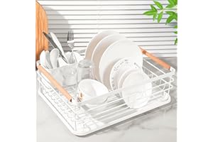 FNLLC Scolapiatti, Cestello Scolapiatti con Portautensili con Vaschetta di Raccolta per il Piano di Lavoro Della Cucina, 42,5x32x15cm, Scolapiatti di Alta Qualità con Manico in Legno