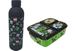 Theonoi Brotdose Set Minecraft Creeper Kinder Lunchbox Sandwichbox mit Unterteilung /Fächern und Trinkflasche Wasserflasche aus Stahl (Schwarz)