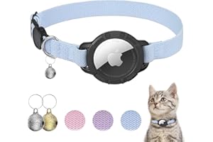 NOZLAID AirTag Cat Collar, Stretchy Kitten Collar with Apple Air Tag Holder and Bell, Breakaway Design Ultra Elastic GPS Tracking Cat Collar for Cats and Puppies (7.5"-12.5", Blue)