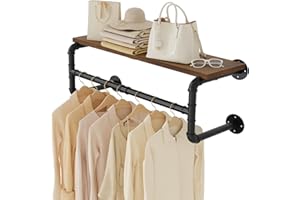 Yawinhe Industrial Pipe Clothes Rack with Top Shelf, 70cm Space Saving Hanger with 4 Bases, Multi Purpose Hanging Rod for Shops, Homes, and Closets