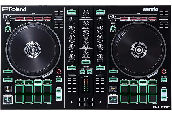 Roland DJ-202 | Contrôleur DJ compact | Contrôleur à 2 canaux et 4 decks pour Serato DJ Lite | De larges platines à faible latence | Les sons de batterie iconiques Roland | Compatible avec Spotify
