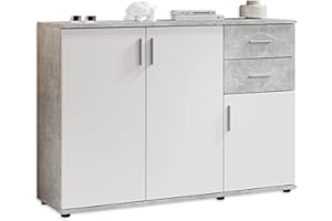 ‎STELLA TRADING Stella Trading BOBBY Kommode in Beton-Optik, Weiß - Modernes Sideboard mit viel Stauraum für Ihren Wohnbereich - 120 x 82 x 35 cm (B/H/T)
