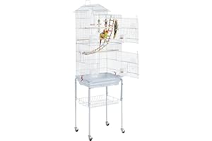 Yaheetech Cage Oiseaux Portable Poignée Volière avec Toit Équipé 3 Perchoir en Bois 4 Mangeoires 3 Jouets et 1 Swing 46 x 36 x 159 cm Blanc