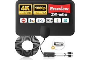 Amazqi TV Aerial Indoor-Amplified Smart Digital 4K 1080p TV Aerial 250+ Miles Long Range - Support All Older TV's with Amplifier Connector for Freeview Channels