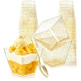 deegbbyi 50 Pieces Square Plastic Dessert Cups 2 fl oz (Gold) | Reusable Plastic Sweet Cups, Mini Party Serving Cups, Dessert