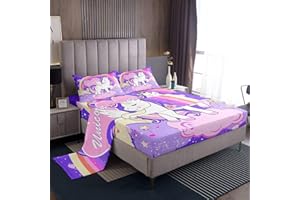 Loussiesd Juego de sábanas de unicornio para niñas, juego de sábanas de unicornio arcoíris para niños, sábanas Kawaii de dibujos animados, galaxia, estrellas, fantasía, decoración para niñas,